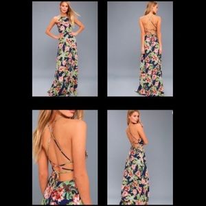 Lulu’s Blue Floral Sleeveless Halter Style Long Maxi Dress